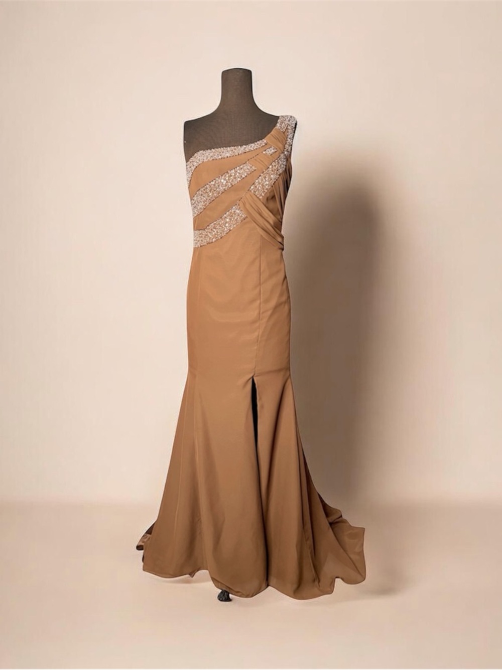 Beaded One Shoulder Mermaid Gown Camel Elegant Evening Dress